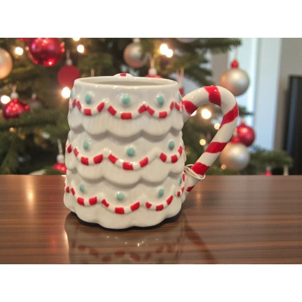 New Red & White Candy Cane Handle Decorated Christmas Tree Coffee Tea Mug Gift